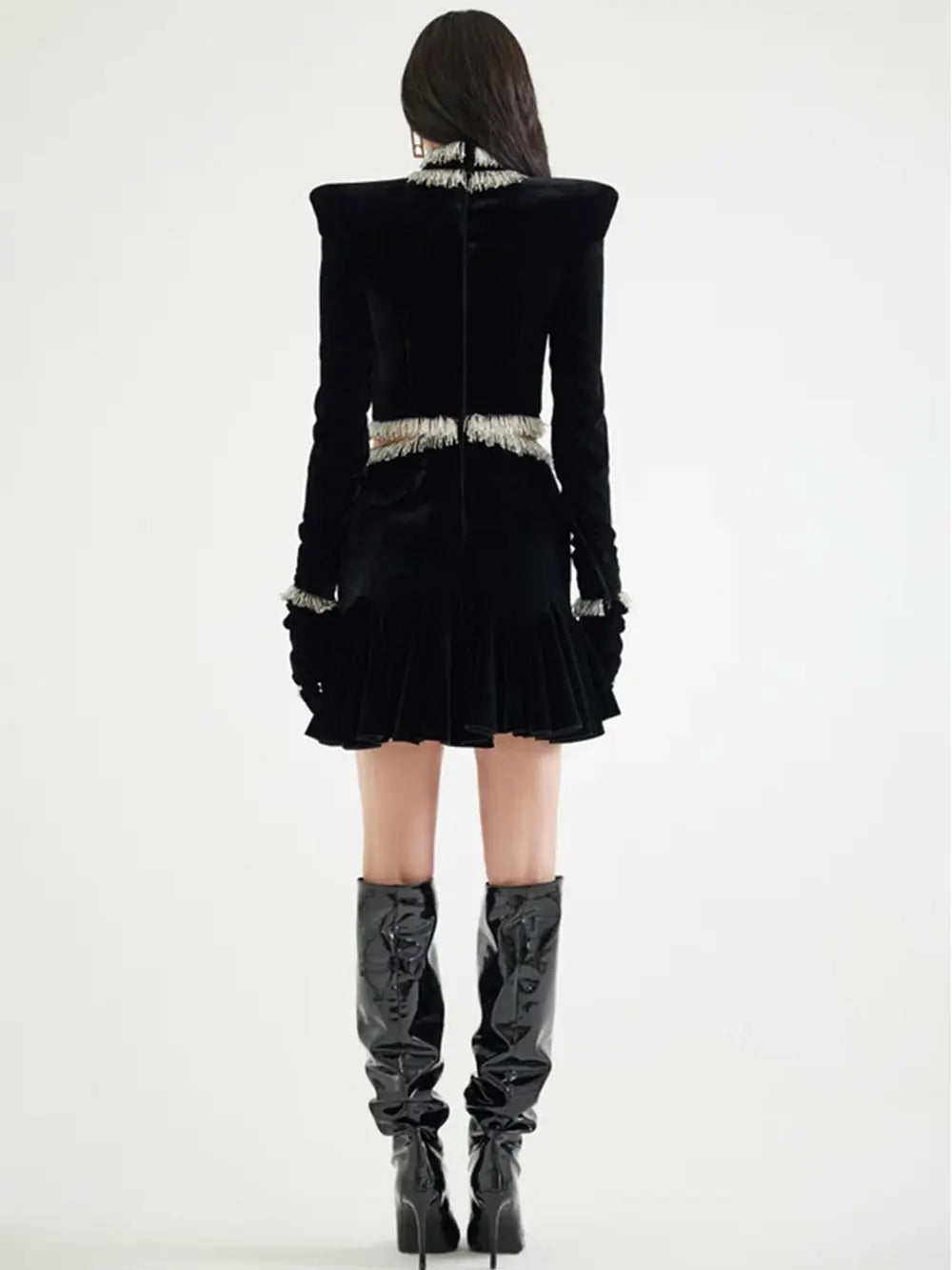 Sexy Women's Open Waist Tassel Velvet Dress Stand Collar Long Sleeve Slimming Mini Dress Celebrity Evening Party Vestidos