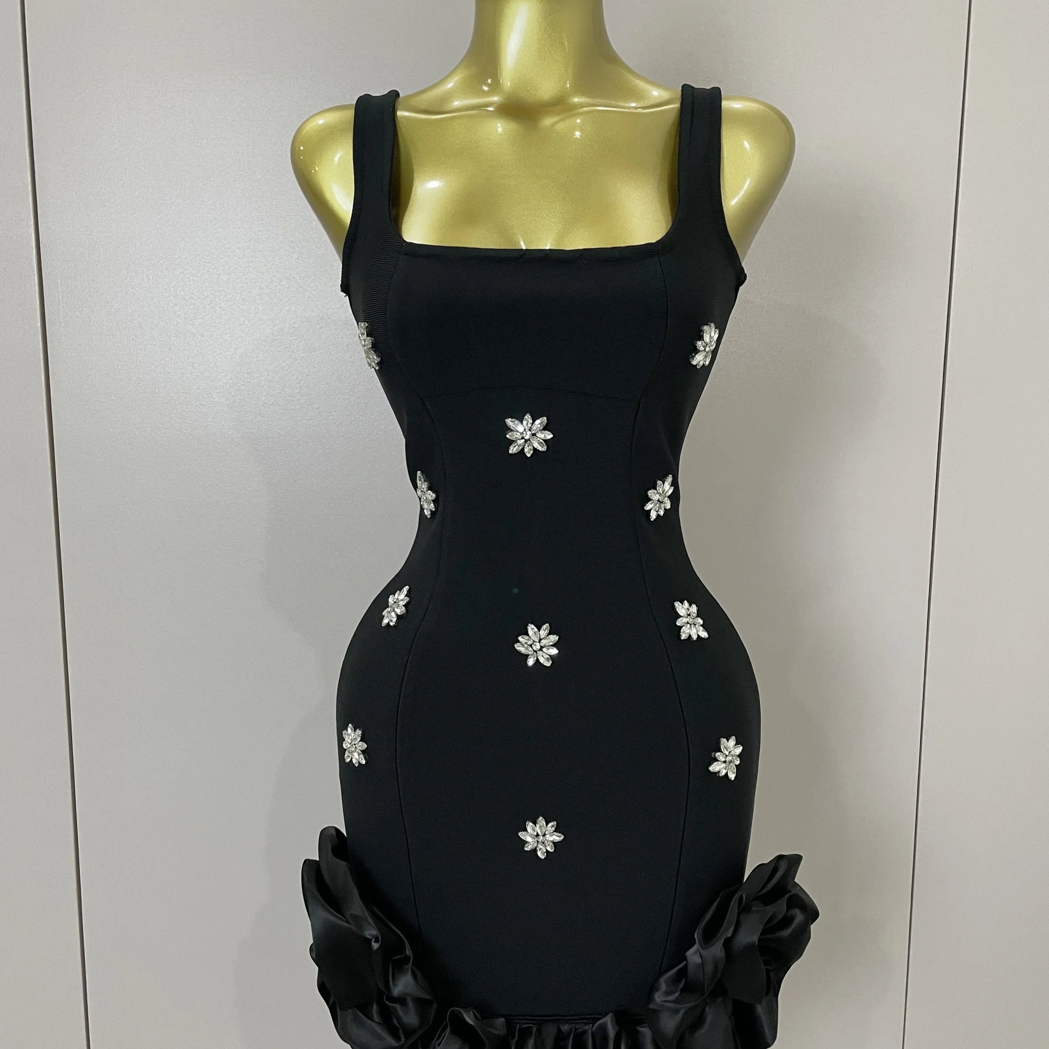 STyle Shining Crystal Women Sleeveless Bodycon Mini Bandage Dress Elegant Ruffles Cute Birthday Party Celebrate Dress black