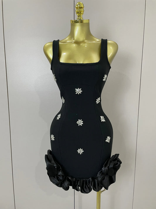 STyle Shining Crystal Women Sleeveless Bodycon Mini Bandage Dress Elegant Ruffles Cute Birthday Party Celebrate Dress black