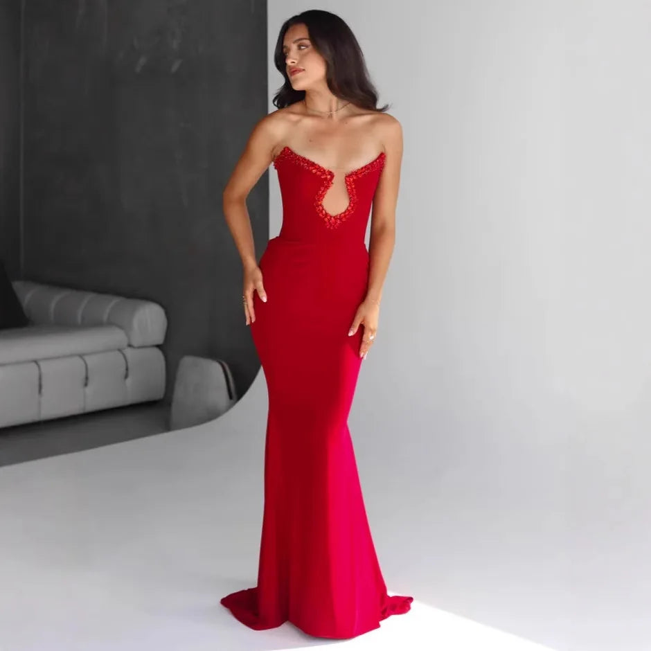 Red Color Women Sexy Strapless Shinning Crystal Bodycon Long Bandage Dress Wedding Mermaid Celebrate Evening Party Outfit Red