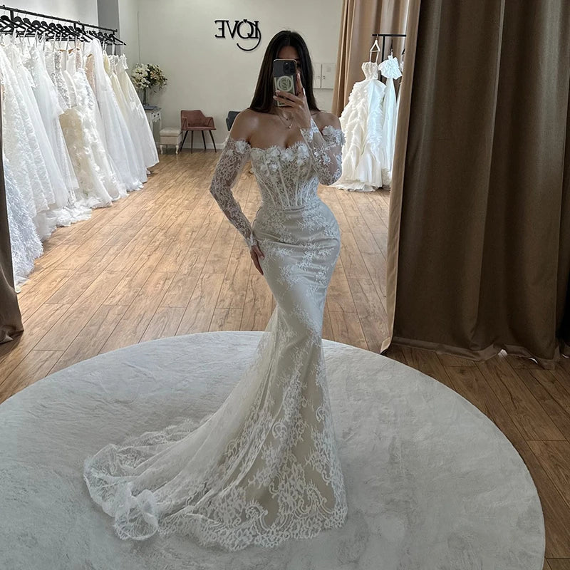 Women Mermaid Wedding Dresses Off The Shoulder Appliques Lace Bridal Dress Formal Wedding Ball Prom Gowns Customized