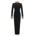 Black Color Women Long Sleeve Sexy Backless Golden Beading Bodycon Bandage Long Dress Fashion Celebrate Evening Party Dress black