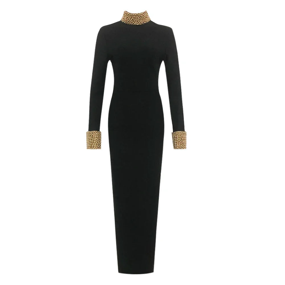 Black Color Women Long Sleeve Sexy Backless Golden Beading Bodycon Bandage Long Dress Fashion Celebrate Evening Party Dress black