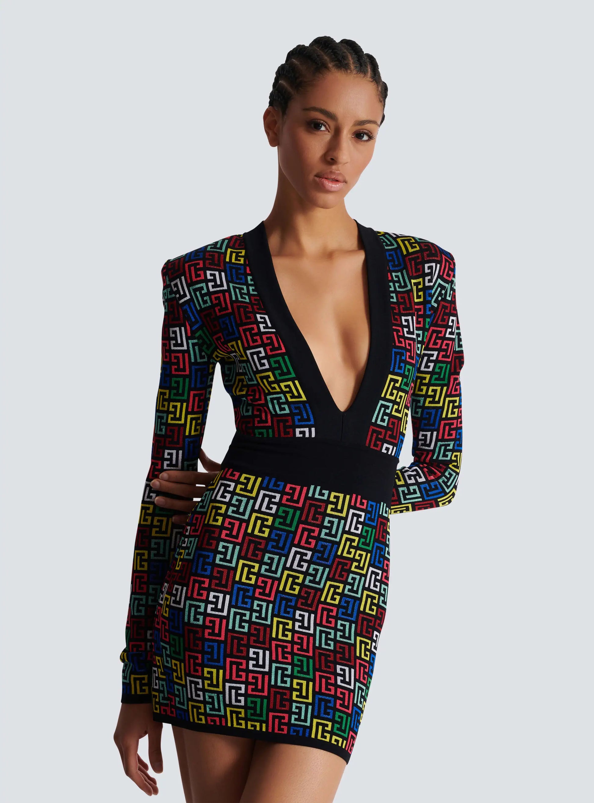 Women Long Sleeve Deep V-Neck Bodycon Mini Bandage Dress Jacquard Celebrate Evening Party Cocktail Dress Vestido