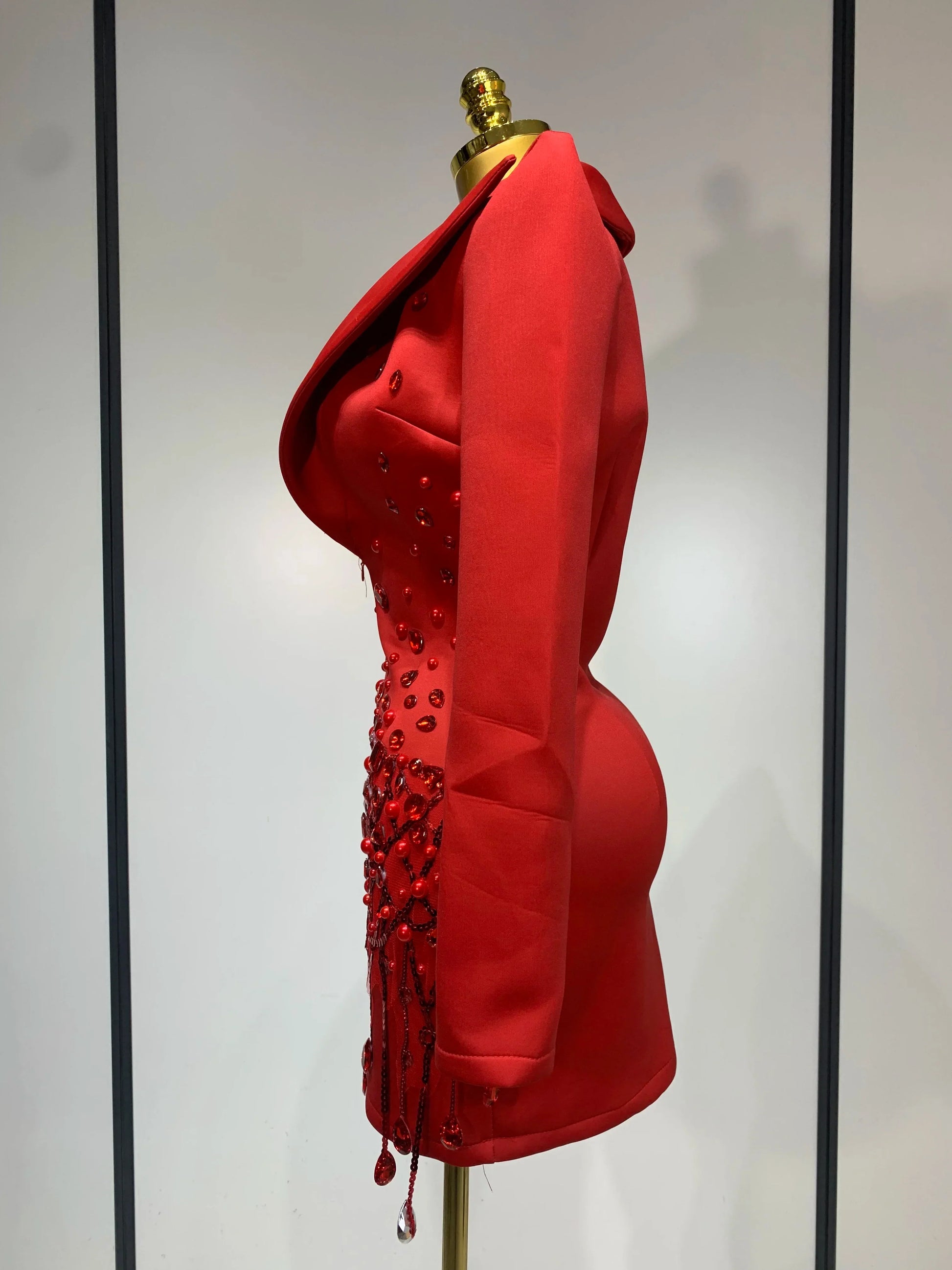 Luxury Rhinestone Deep V-Neck Slim Fit Red Suit Dress Fashion Celebirty Elegant Evening Club Party Dresses