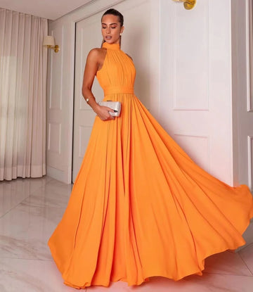 Elegant High Neck فساتين السهرة Sexy Sleeve A-line Prom Dress Light Orange 100D Chiffon Puffy Vestidos De Noche