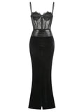 Women'S Sling Velvet Long Dress Sexy See Through Lace Slim Fishbone Dress Elegant Celebrity Evening Party Gowns