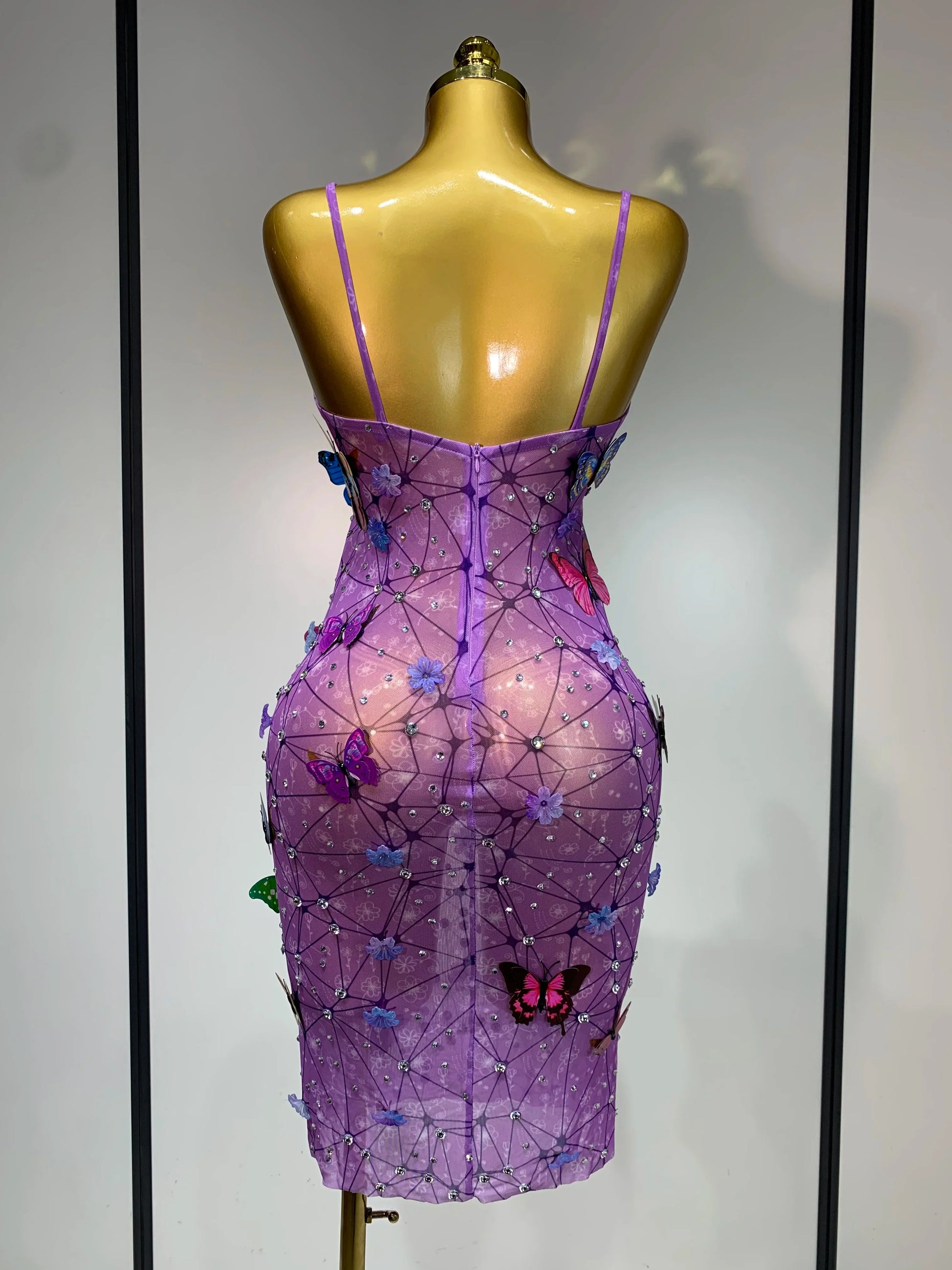 Sparkly Women Sexy Mesh See Through Dress New Arrival Butterfly Purple Celebrity Luxury Birthday Nightclub Stage Outfit