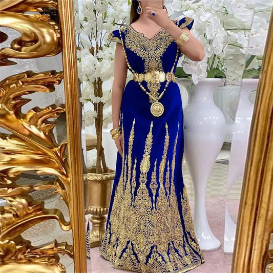 Royal Blue Velvet Mermaid Evening Dress Algerian Badranne Lace Applique Muslim Formal Prom Gown Vestidos De Gala Blue