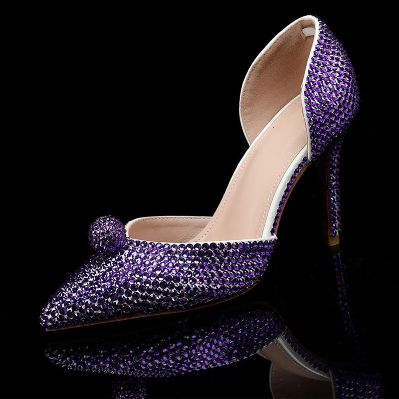 Luxury Handmade All Rhinestones Women Pumps Runway style Spring Summer Fashion Wedding Thin High Heels Lady Party Banquet Shoes Purple