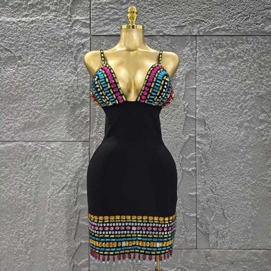 Top Quality Women Sleeveless Sexy V-Neck Shinning Crystal Bodycon Mini Bandage Dress Celebrate Nightclub Party Outfit Vestido black