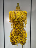 Women Sexy Mesh See Through Sparkly Rhinestones Chain Stage Costume Nightclub Celebrate Evening Party Performance Outfit Yellow
