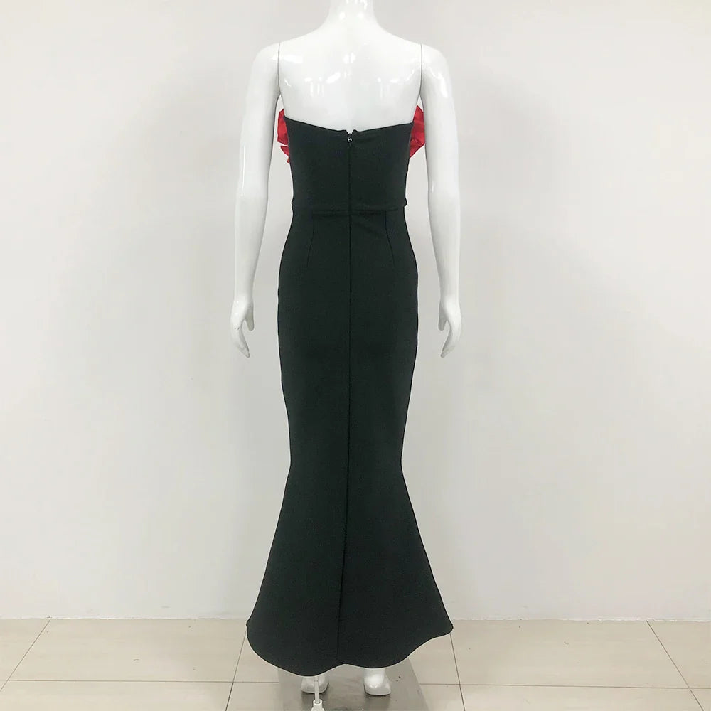 2024 New Fashion Red Florals Women Sexy Strapless Off the Shoulder Bodycon Bandage Long Dress Nightclub Party Celebrate Dress