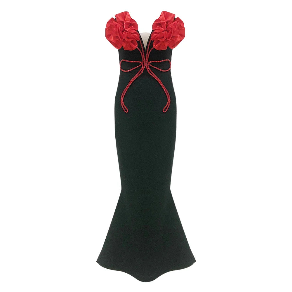2024 New Fashion Red Florals Women Sexy Strapless Off the Shoulder Bodycon Bandage Long Dress Nightclub Party Celebrate Dress