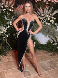 Women Sexy Strapless Shinning Rhinestones Bodycon Bandage Long Dress Fashion Celebrate Evening Party Vestido black