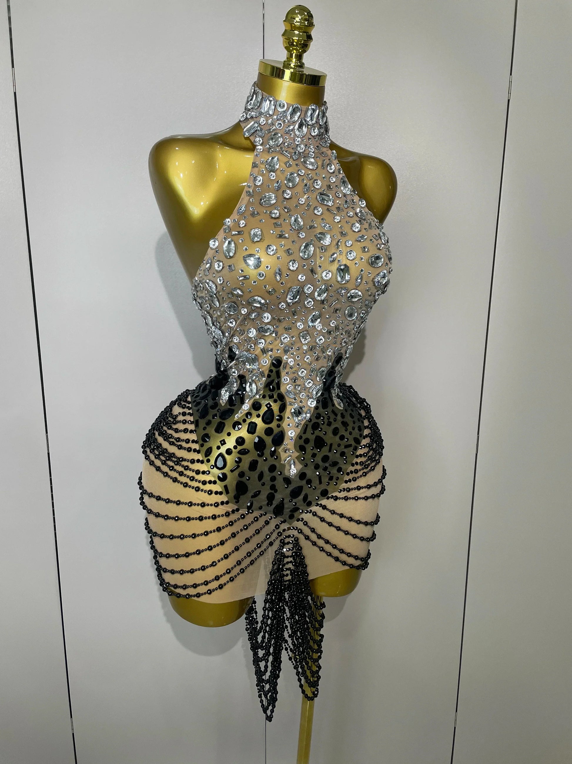 Sparkly Crystals Beading Short Dress Women Sexy Mesh Backless Evening Prom Celebrate Birthday Dress Photo Shoot Wear