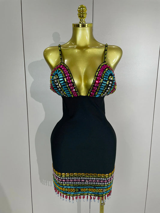 Sparkly Colorful Diamonds V Neck Black Bodycon Bandage Dress Celebrity Elegant Evening Club Party Luxury Birthday Dresses black