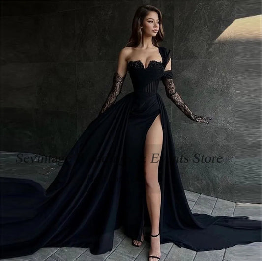 Mature Lace Evening Dresses One Shoulder High Side Slit Formal Women Prom Party Gowns Special Occasion Dresses