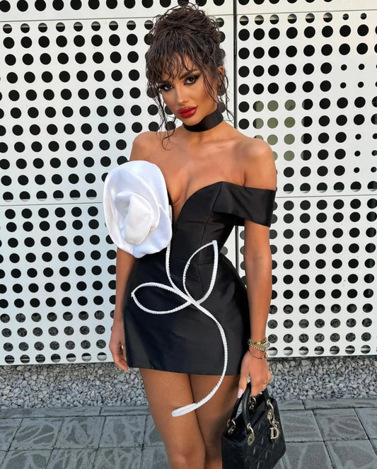 Women Sexy Strapless Florals Bodycon Bandage Mini Dress Fashion Celebrate Nightclub Party Cocktail Dress Wholesale black