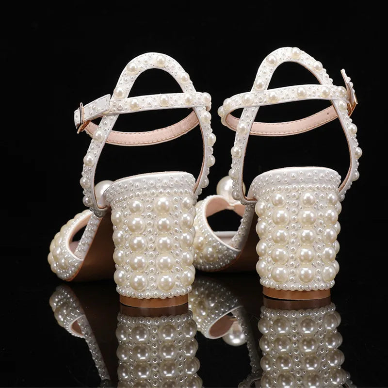 Summer Luxury Pearl Peep toe Thick Heeled Women Gladiator Sandals Fashion Beaded High heels Wedding Banquet Prom Shoes Sandalias