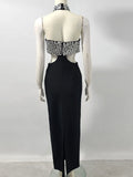 Sexy Women's Light Luxury Nail Bead Design Bandage Dress Hanging Neck Sleeveless Waist Design Bodycon Long Dress Vestitos
