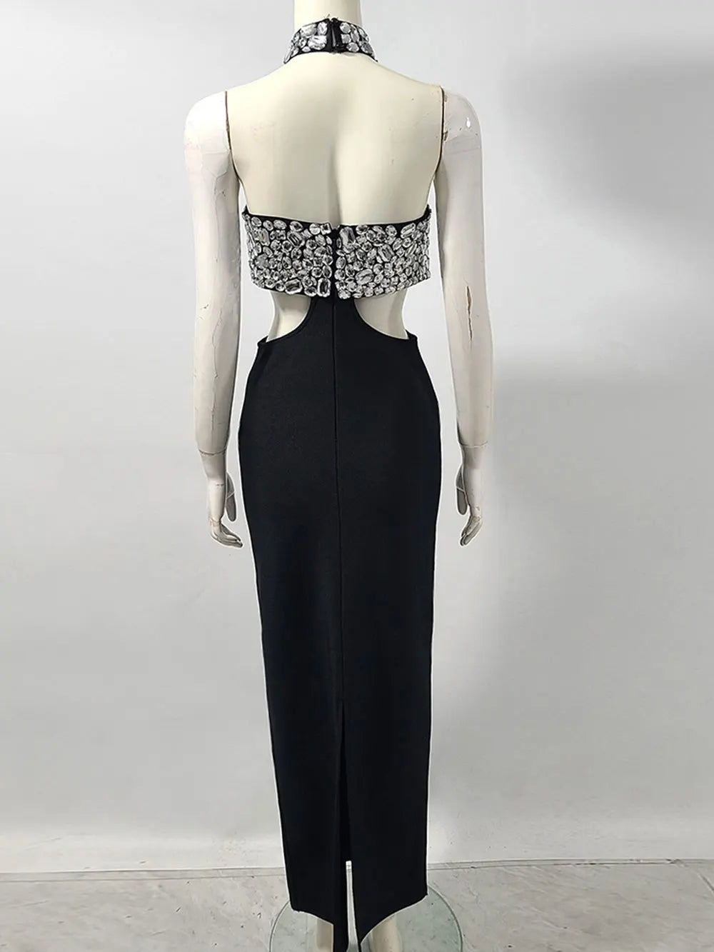Sexy Women's Light Luxury Nail Bead Design Bandage Dress Hanging Neck Sleeveless Waist Design Bodycon Long Dress Vestitos