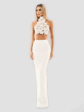 White Elegant 3D Flowers Hollow Out Beach Dresses Set Sexy See Though Crop Tops Long Skirts Women Sets Summer Female Outfits