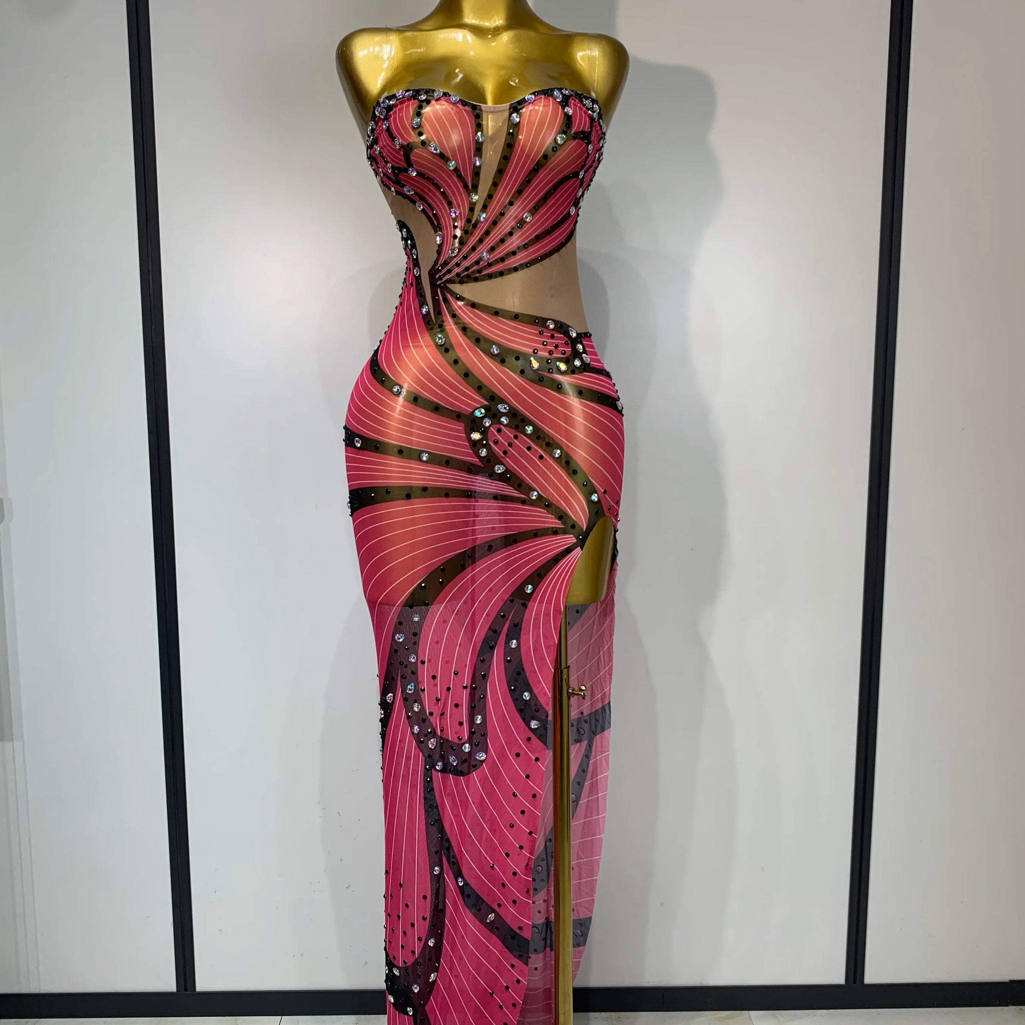 Women Sexy Backless Sparkly Rhinestones Mesh See Through Maxi Dress Luxury Birthday Singer Stage Costume Evening Party Vestido Watermelon red