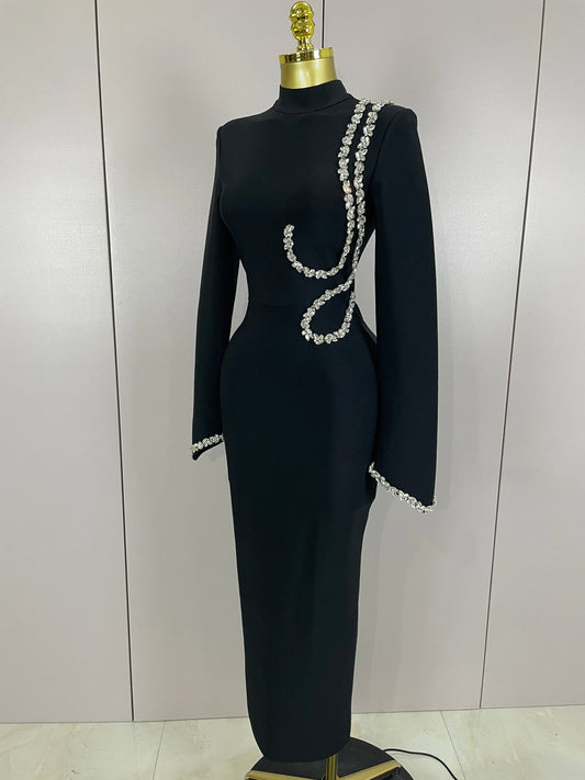 Sexy Long Sleeve Diamonds Maxi Long Bodycon Bandage Dress Women Celebrity Elegant Evening Party Luxury Birthday Dresses