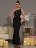 Elegant Women Nail Bead Design Bandage Dress One Shoulder Sleeveless Bodycon Long Dress Cocktail Evening Club Party Vestido