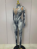 Trendy Women Sexy Rhinestones Printed Skinny Jumpsuit High Street Performance Dance Costume Bar Club Show Stage Wear