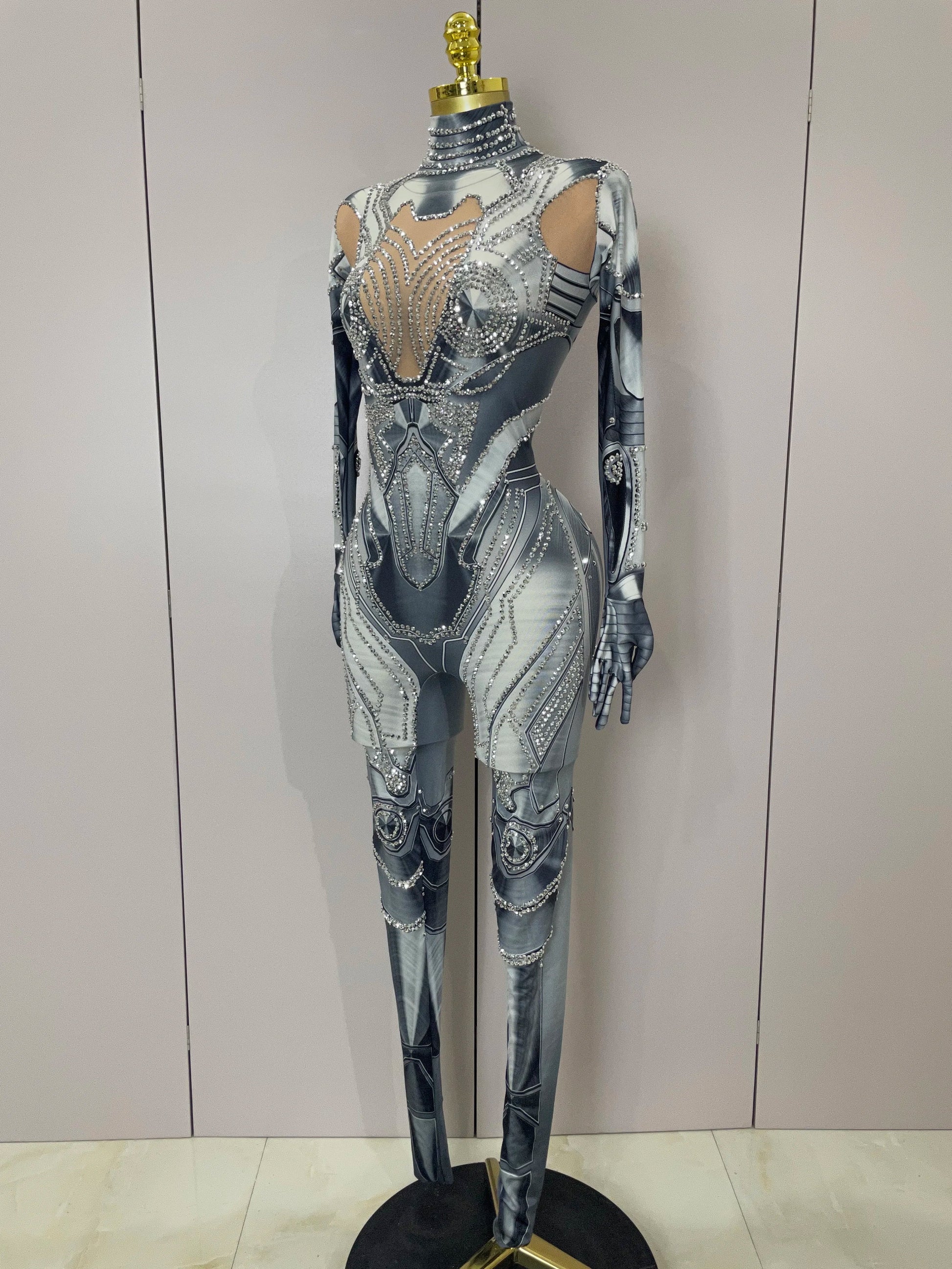 Trendy Women Sexy Rhinestones Printed Skinny Jumpsuit High Street Performance Dance Costume Bar Club Show Stage Wear