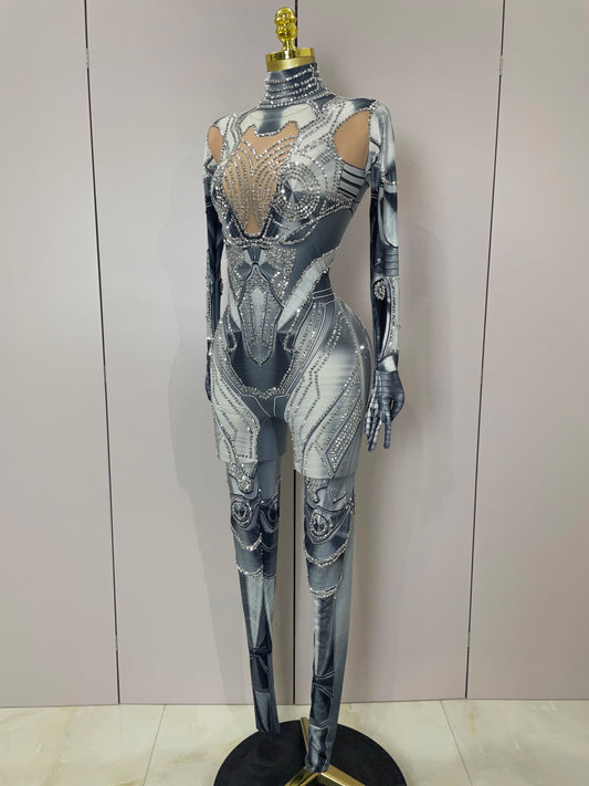 Trendy Women Sexy Rhinestones Printed Skinny Jumpsuit High Street Performance Dance Costume Bar Club Show Stage Wear