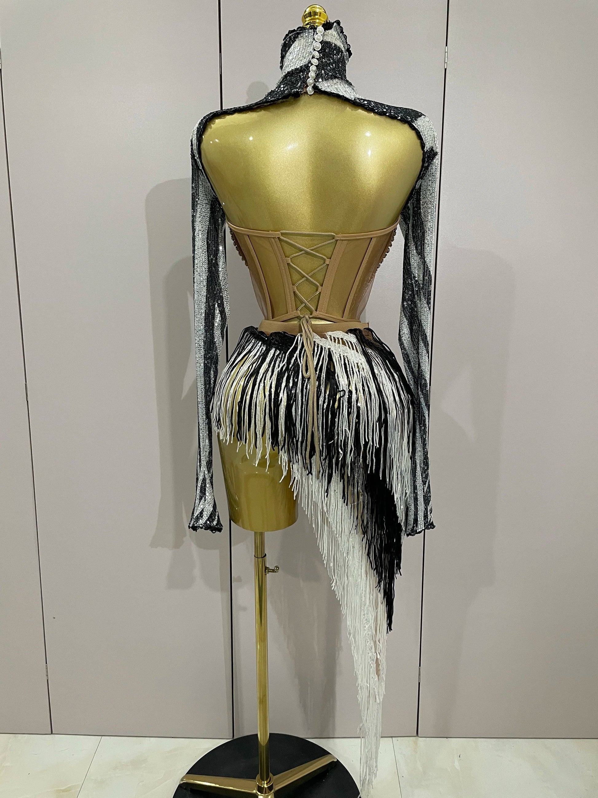 Shiny Diamond Sequin Tassels Sexy Mesh Long Sleeved Two Piece Set Women Evening Birthday paty Nightclub Stage Costume