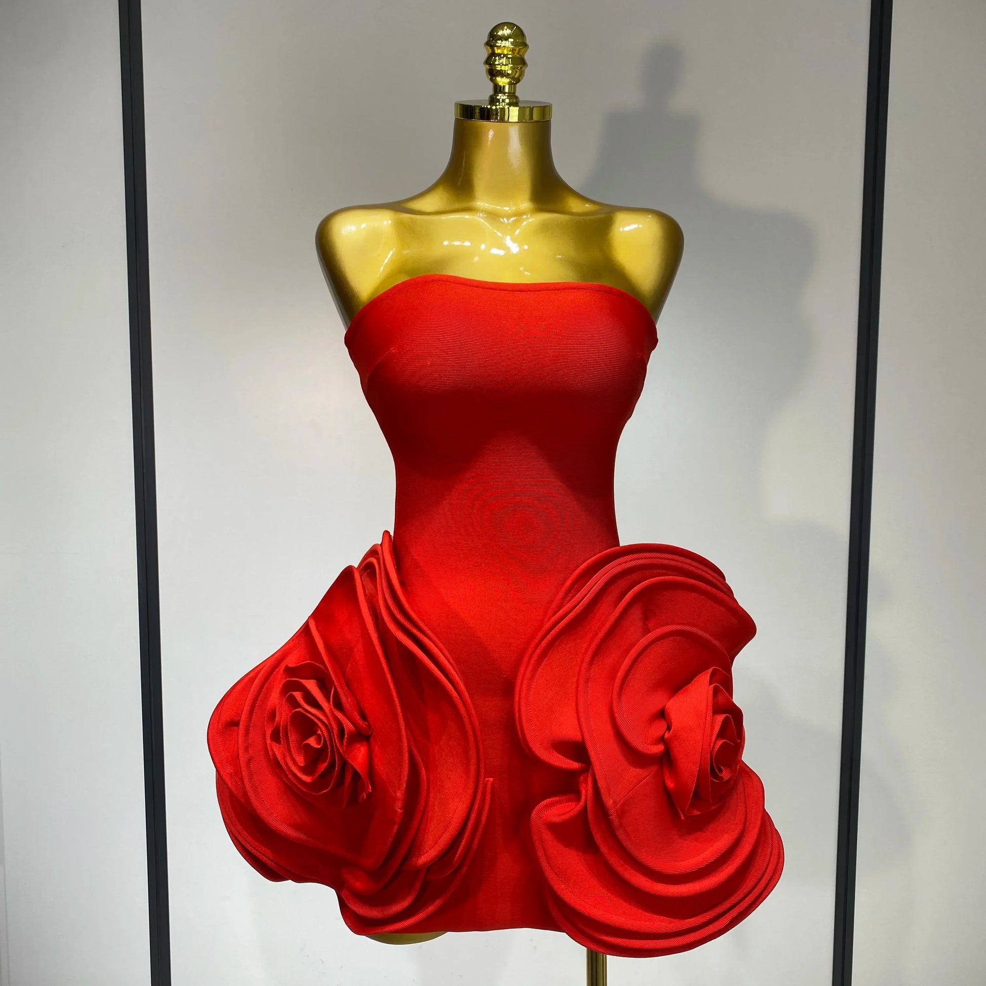 Celebrity Sexy Strapless Backless Flower Red Mini Bodycon Bandage Dress Knitted Elegant Evening Club Luxury Birthday Dress Red