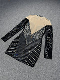 Women Long Sleeve Sexy Shinning Rhienstones Bodycon Mini Bandage Dress Nightclub Party Club Singer Celebrate Performance Costume