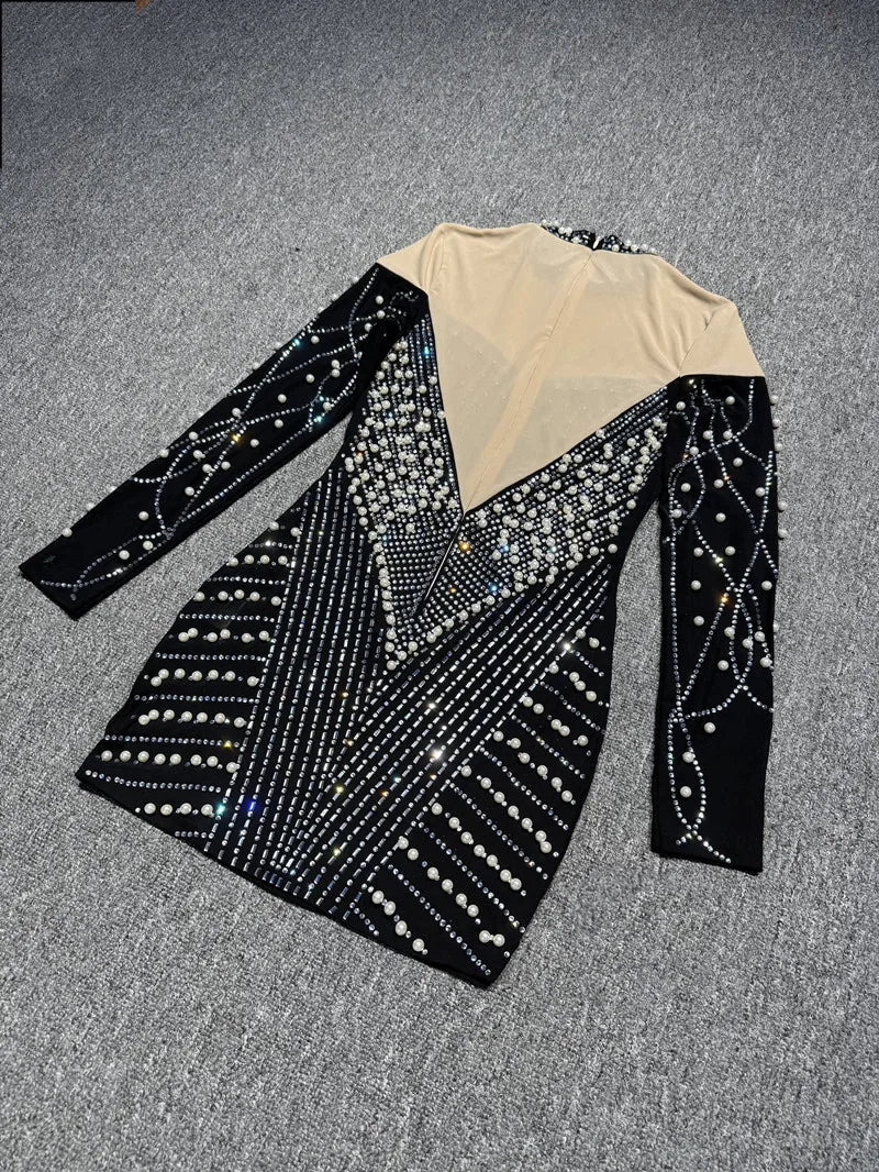 Women Long Sleeve Sexy Shinning Rhienstones Bodycon Mini Bandage Dress Nightclub Party Club Singer Celebrate Performance Costume