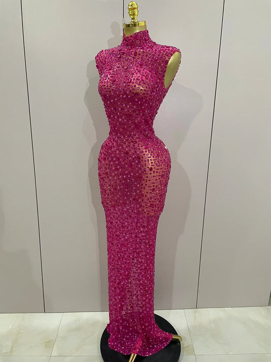 Sexy Sparkly Crystal Diamonds Mesh See Through Long Dress Women Elegant Party Costume Singer Stage Performance Outfit
