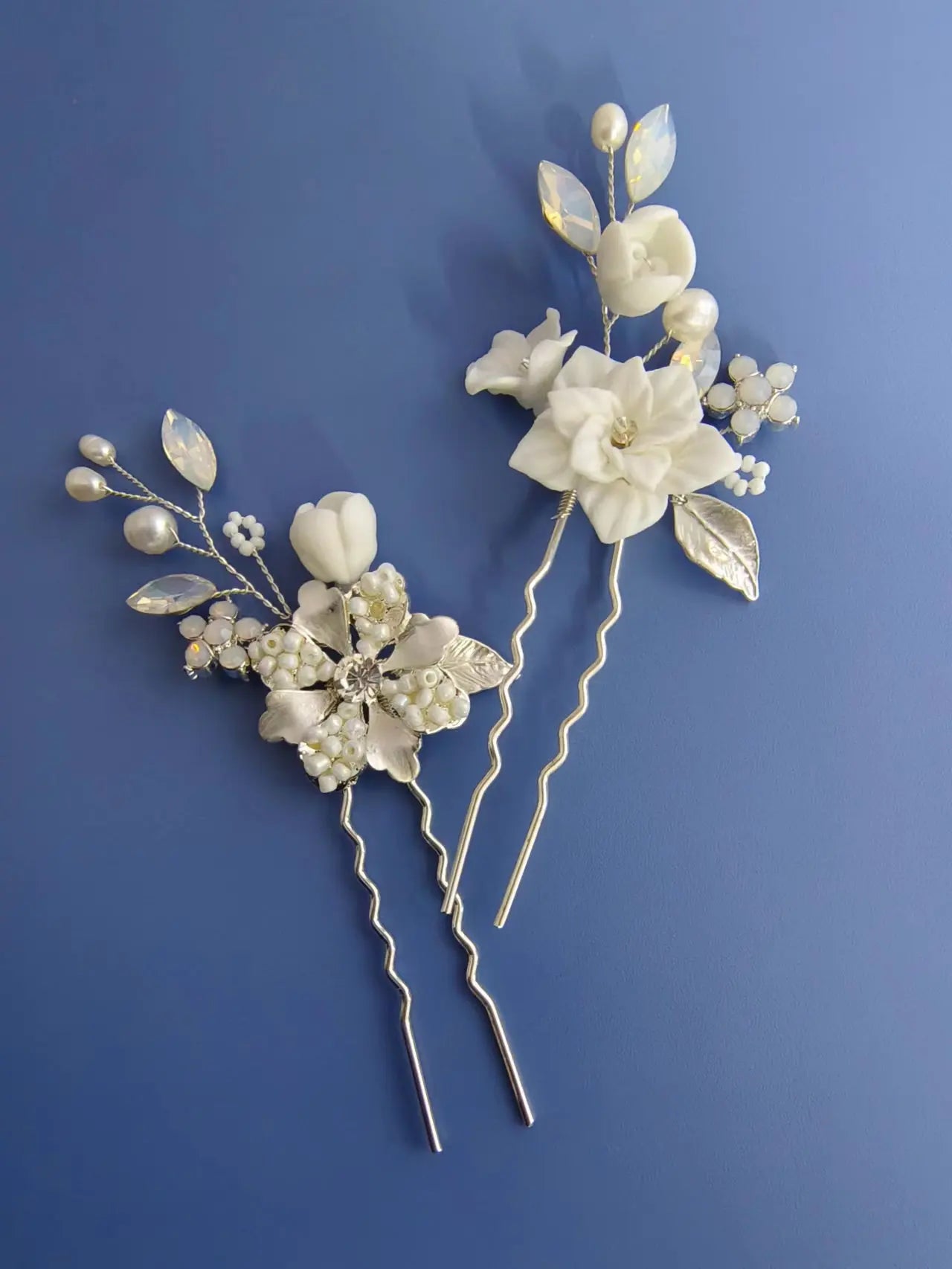 Porcelain Flower Hair Pin Clip Silver Color Head Piece For Brides Women Pearl Opal Hairpins Wedding Accessories Bridal Jewelry a