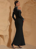 Elegant Women's Light Luxury Hot Diamond Bandage Dress O-neck Long Sleeve Hollow Design Bodycon Black Long Dresses Vestidos