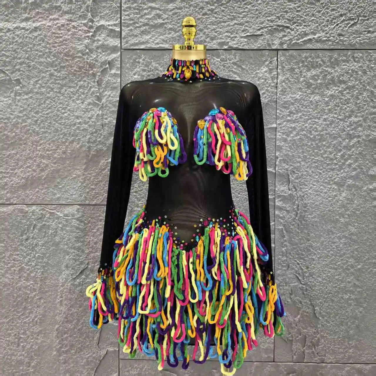 Black Color Women Long Sleeve Sexy Mesh See Through Bodycon Mini Dress Colorful Tassels Nightclub Party Performance Stage Wear black