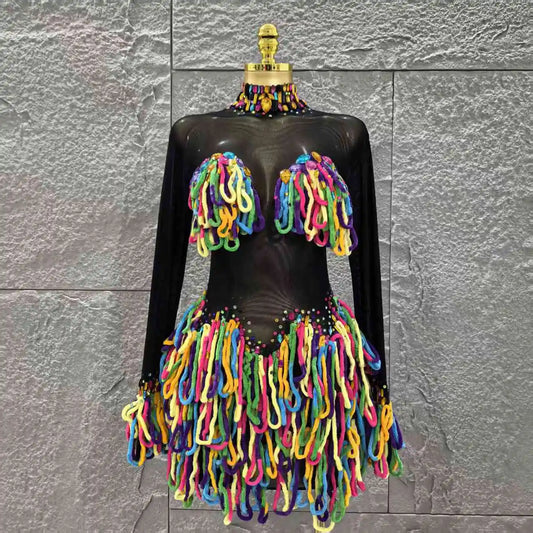 Black Color Women Long Sleeve Sexy Mesh See Through Bodycon Mini Dress Colorful Tassels Nightclub Party Performance Stage Wear black