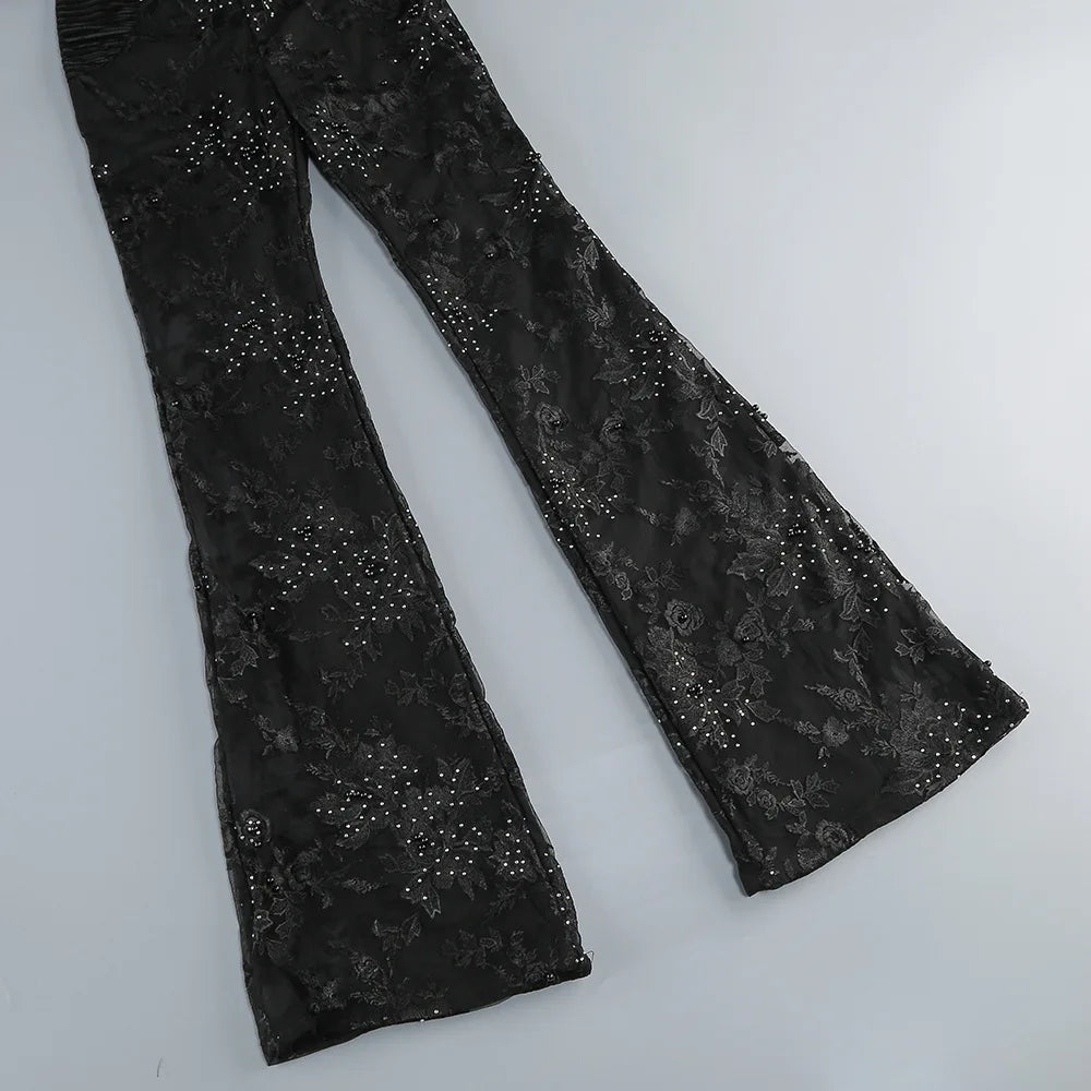 Sexy Women's Light Luxury Embroidered Hot Diamond Patchwork Design jumpsuit V-neck Long sleeved Evening Party Horn jumpsuit