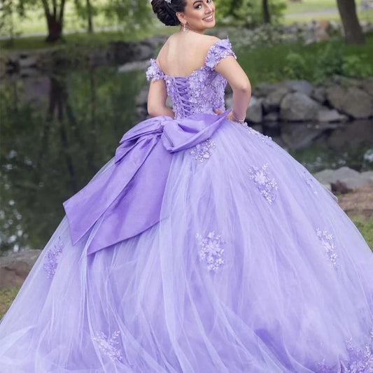 Lavanda Flor 3D Vestidos De quinceañera con gran lazo rebordear encaje Cenicienta princesa Vestidos De baile Vestidos De 15 anos