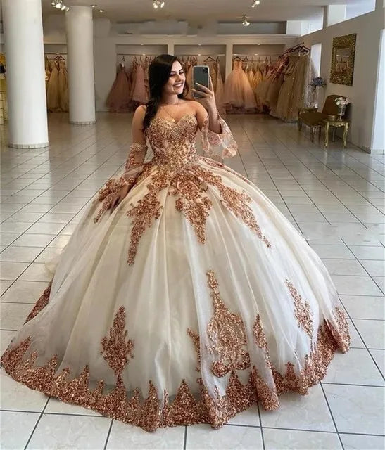 Sweetheart Quinceanera Dress Glitter For 15 Party Fashion Detachable Sleeves Applique Formal Birthday Princess Gown