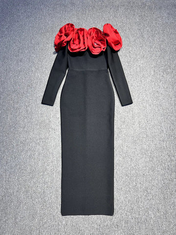 Winter Women Red Floral Long Sleeve Bodycon Sheath Dress Polyester Blend Red