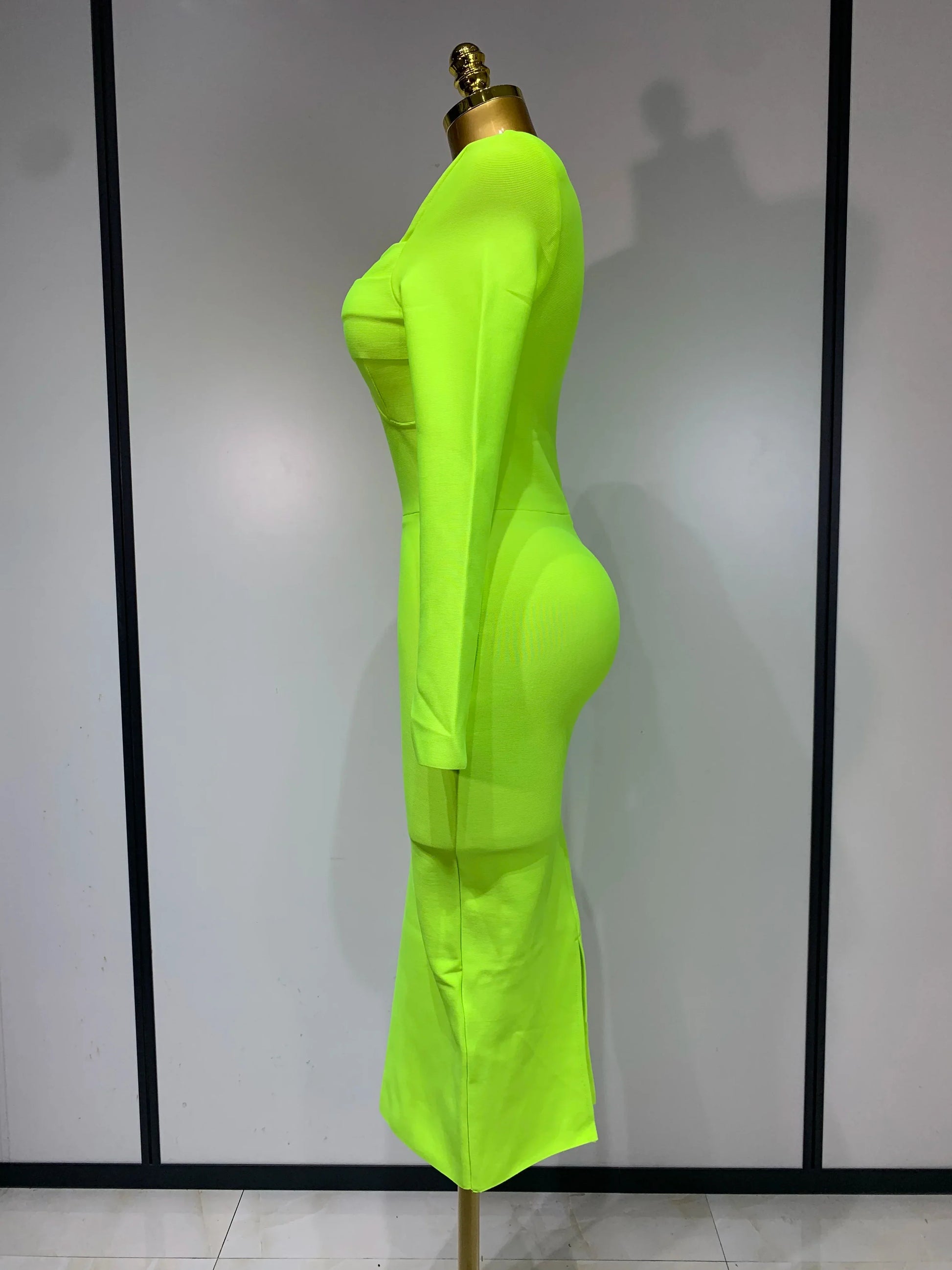 Women Sexy Long Sleeve Square Collar Fluorescent Green Midi Bodycon Bandage Dress Elegant Evening Birthday Party Dresses