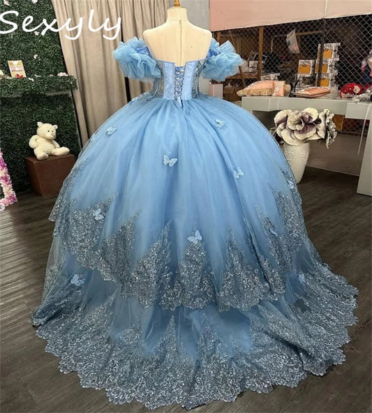 Shine Blue Butterfly Quinceanera Dresses Sparkly Appliques Vestidos De 15 Quinceañera Sweet 16 Dress Corset Xv Para Customized