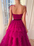 Sexy Spaghetti Strap Fuchsia فساتين السهرة Multilayer Tulle A-line Prom Dress Princess Puffy Vestidos De Noche