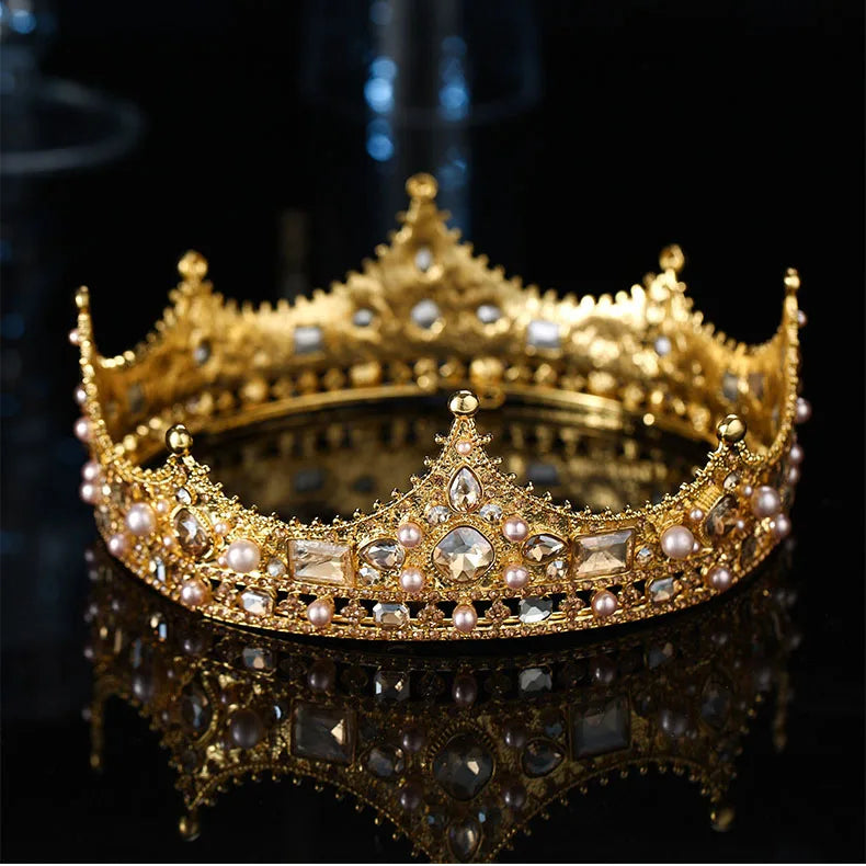 Vintage Crystal Round Baroque Tiaras and Crowns For Women Men King Queen Royal Party Bridal Wedding Head Jewelry Accessories b